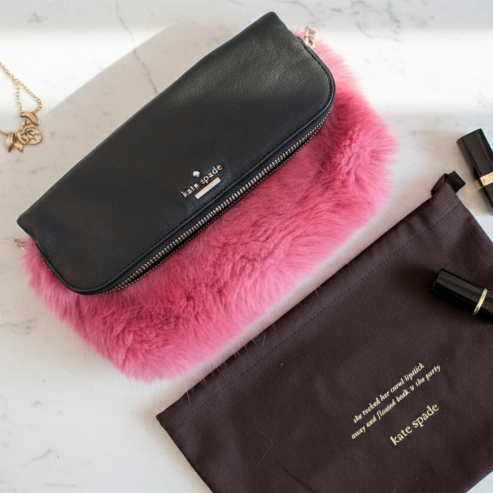💖 RARE! Kate Spade Evening Belles Steffe Faux‎ Fur & Leather Clutch
